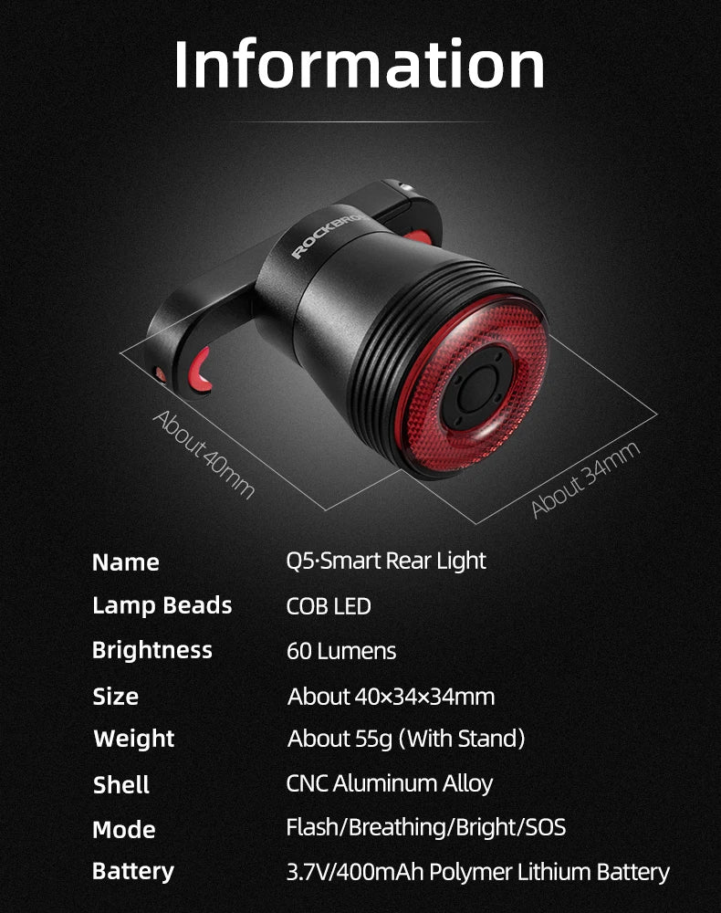 ROCKBROS Q5 Smart Brake-Sensing Bike with IPX6 Waterproof LED Rear Light