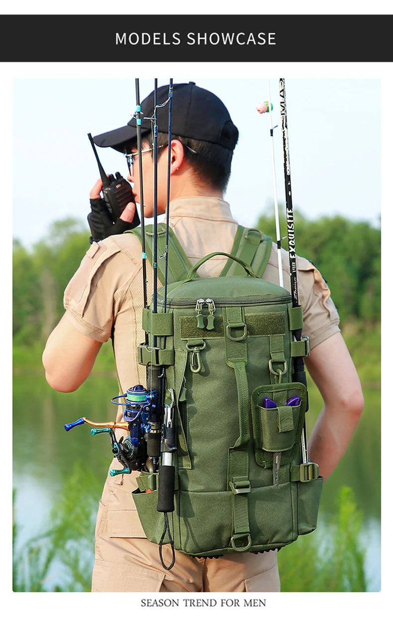 Tactical Fishing Backpack with Rod Holders & MOLLE System