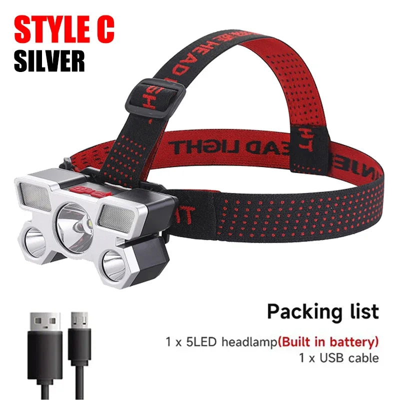 USB Rechargeable 5-LED Headlamp with Built-in Battery