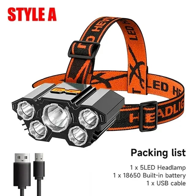 USB Rechargeable 5-LED Headlamp with Built-in Battery