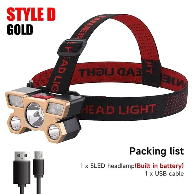 USB Rechargeable 5-LED Headlamp with Built-in Battery
