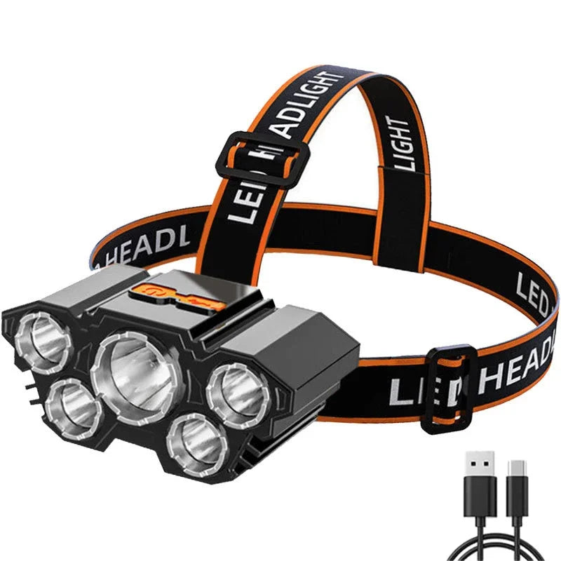 USB Rechargeable 5-LED Headlamp with Built-in Battery