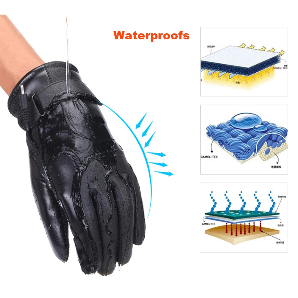 Heated Motorcycle Winter Gloves – Waterproof PU Leather, Thermal Insulated