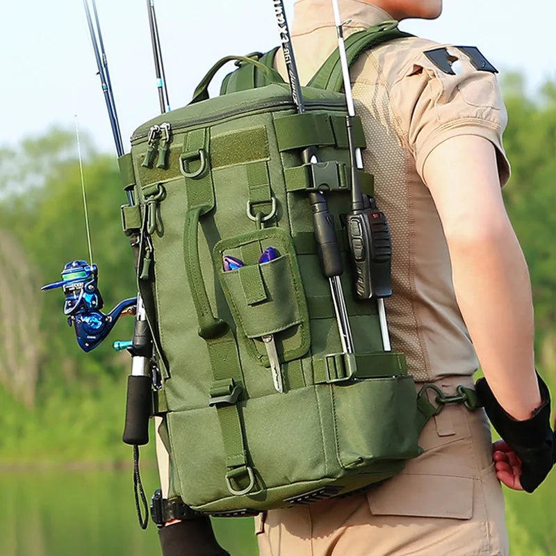 Tactical Fishing Backpack with Rod Holders & MOLLE System