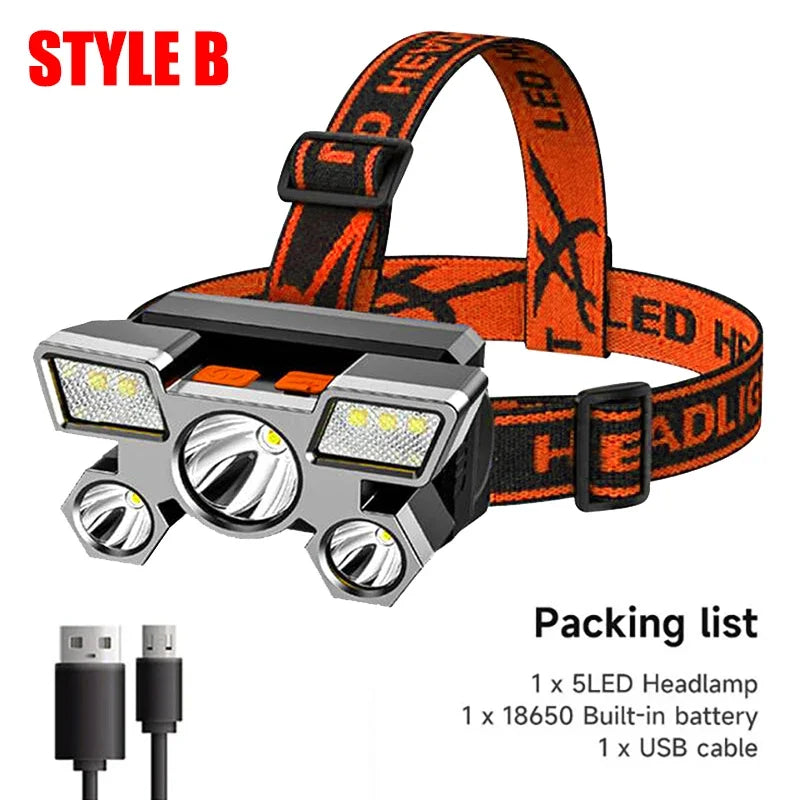 USB Rechargeable 5-LED Headlamp with Built-in Battery