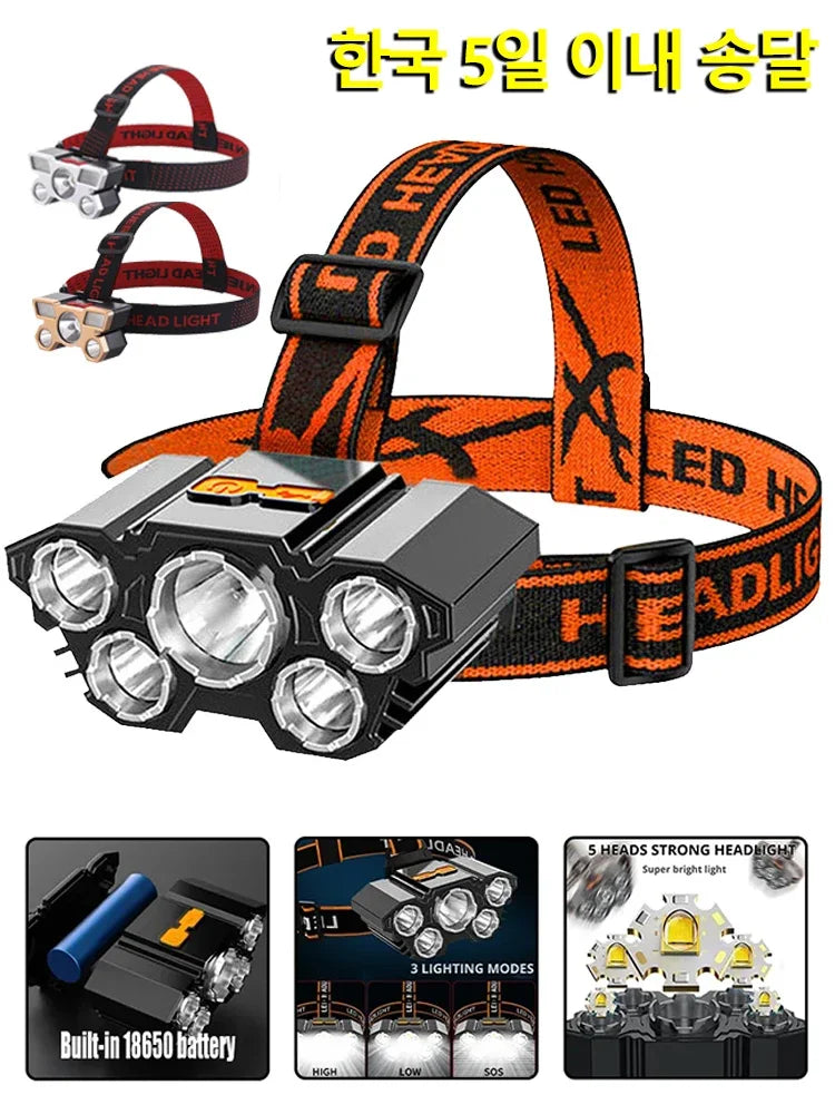 USB Rechargeable 5-LED Headlamp with Built-in Battery