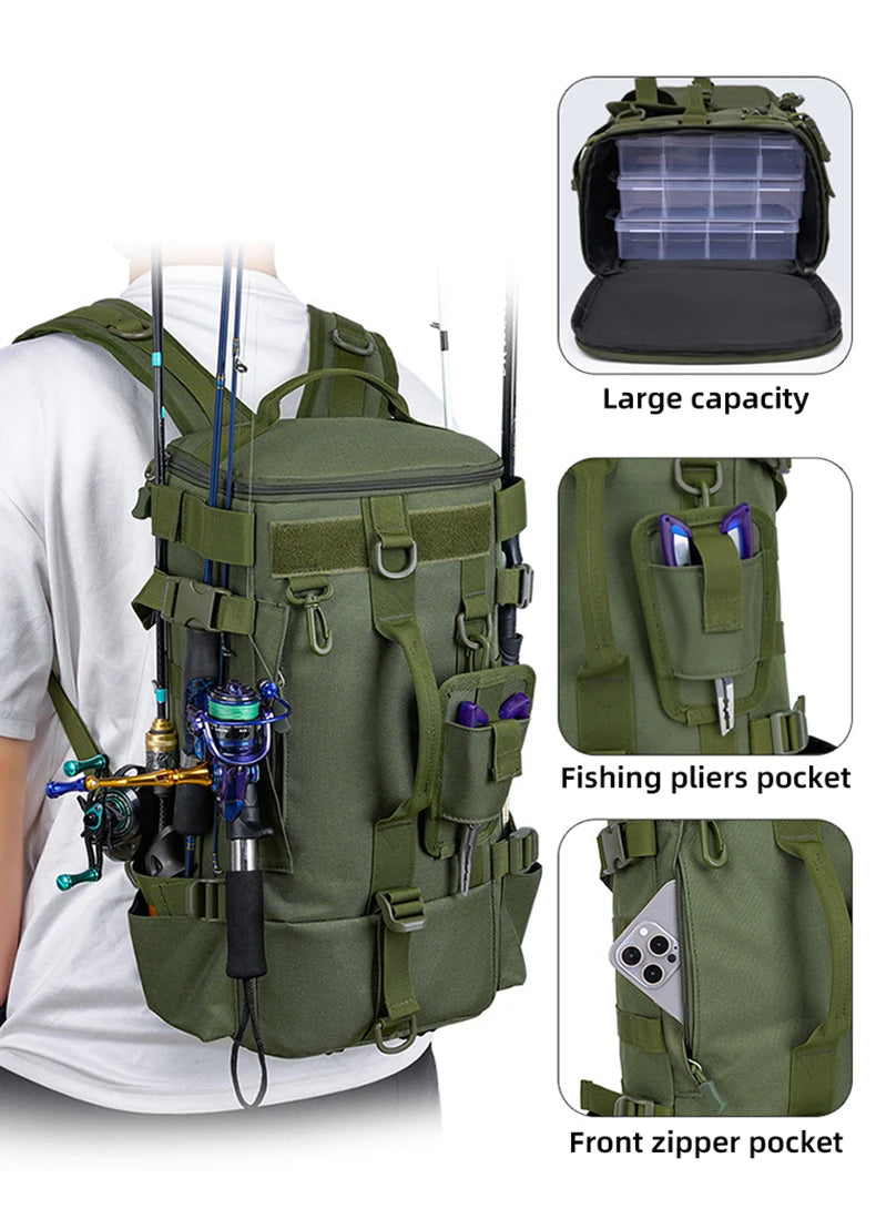 Tactical Fishing Backpack with Rod Holders & MOLLE System